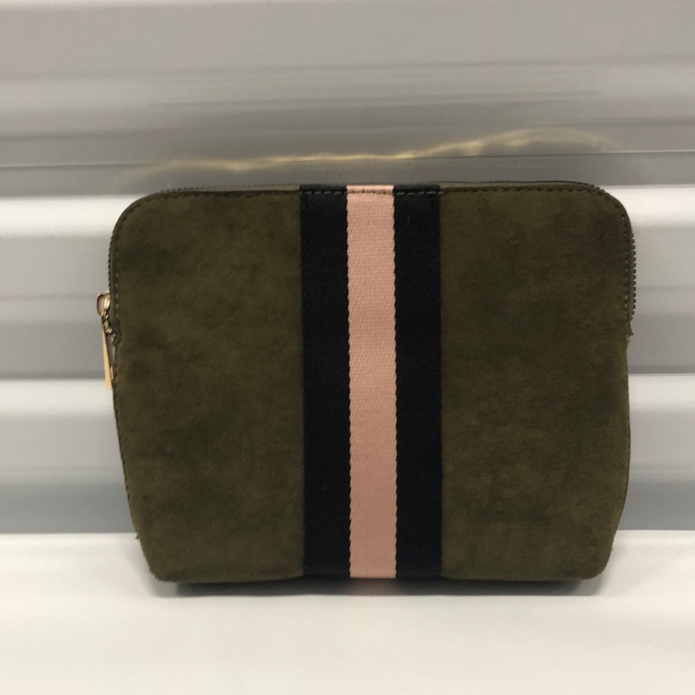 Olive Green Suede Clutch with Pink and Black Stripe cosmetic bag